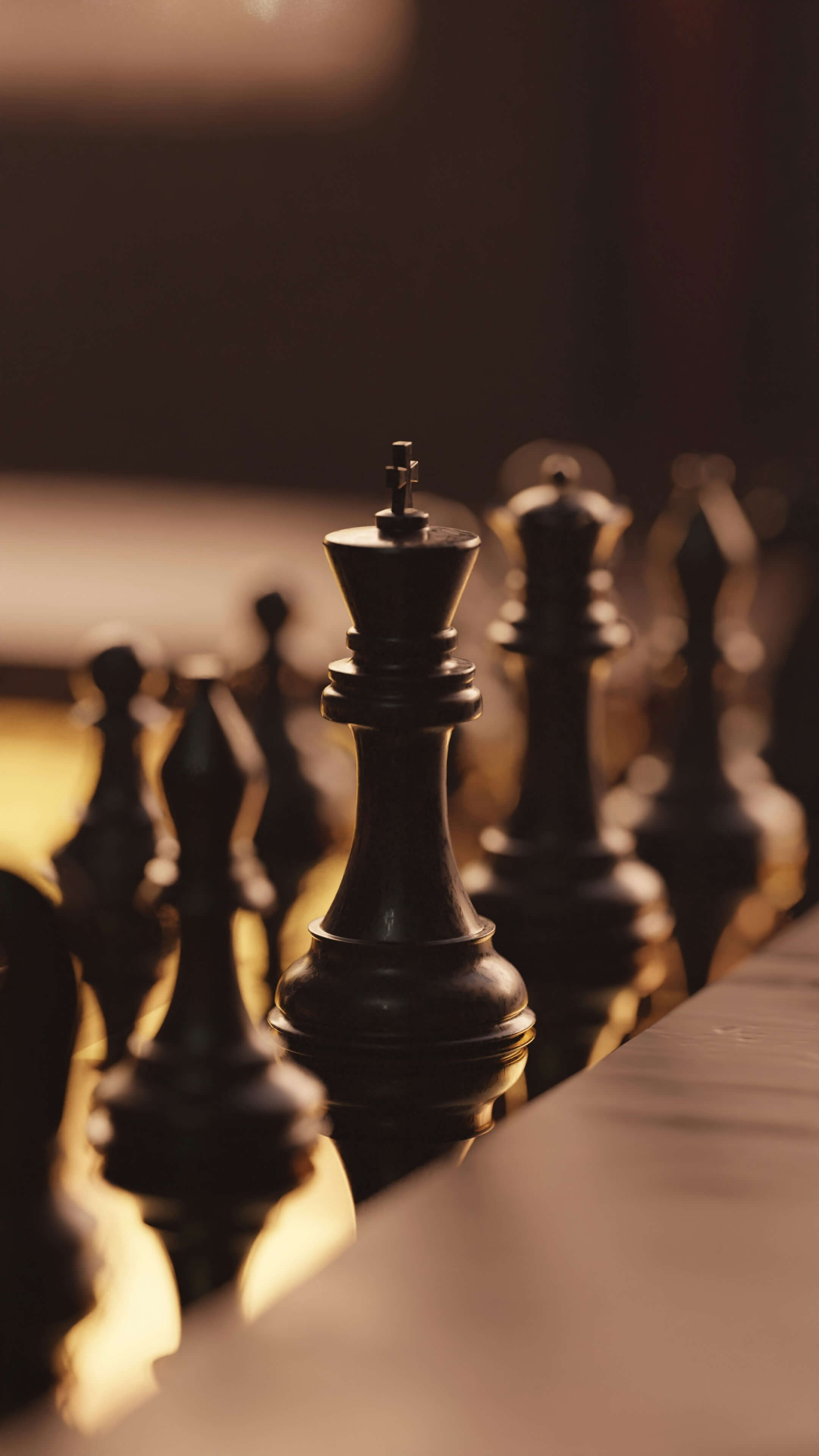 Notre philosophie de gestion — roi d'échecs au premier plan, évoquant la stratégie patrimoniale